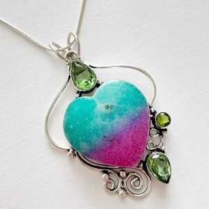 925 Sterling Silver Rainbow Solar Quartz Peridot gemstone Necklace Heart Jewelry